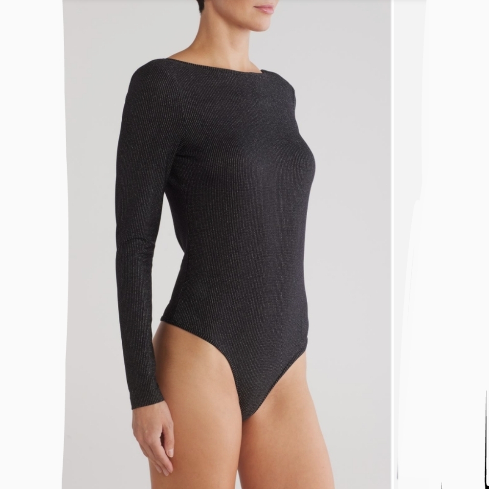 ICHI Bodysuit Metallic Knit Long Sleeve Bateau Scoop Neckline Black Silver M NWT